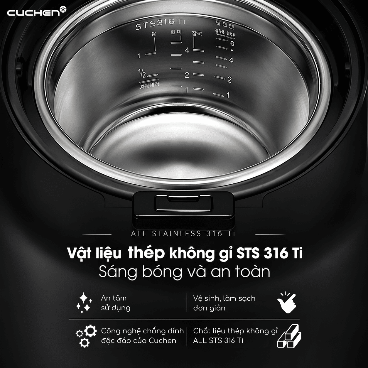 Tại sao lòng nồi Inox 316Ti trên Cuchen vượt trội hơn lòng nồi chống dính thông thường?